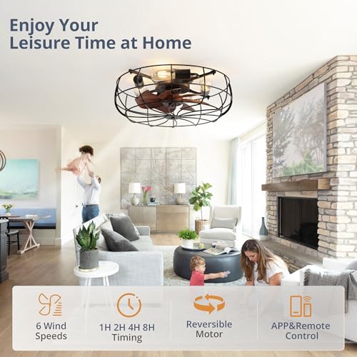20-Inch Black Caged Farmhouse Ceiling Fan with Lights & Remote Control