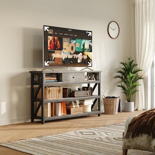 Grey Oak 39 Inch Console Sofa Table with Drawer and Shelves - Entryway & Living Room Storage