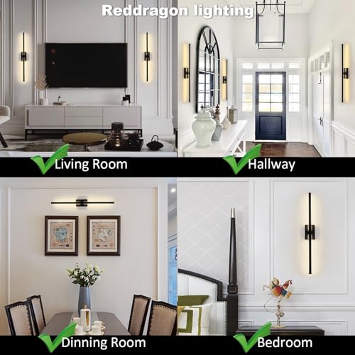 24 Inch Dimmable Wall Sconce Set for Small Junction Box - Black, 2 Pack