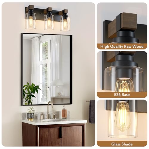 DvmTeom Farmhouse Bathroom Vanity Light Fixture - Black & Wood, 3-Light