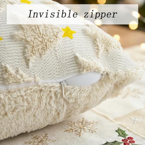 AOLIME Christmas Tree Pillow Covers Set of 2 18x18 Inch Double-Sided Embroidered Faux Fur Holiday Decor