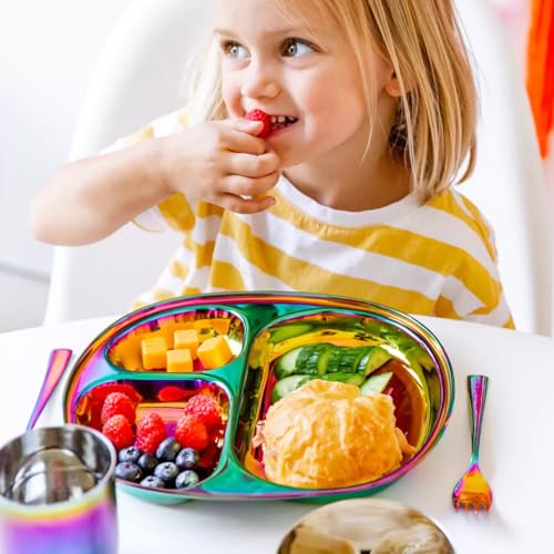 Rainbow Kids Stainless Steel Dinnerware Set - 5-Piece Toddler Plate Bowl Cup Fork Spoon - Safe Non-Toxic for Ages 1-5 (Variation: Rainbow / 5 Piece Set)