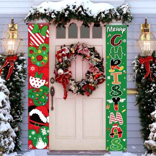 Mouse Christmas Porch Sign Banner 2pcs Christmas Door Banner for Front Yard Hanging Banner