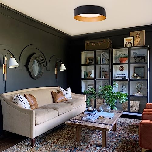 Bargeni 12.5 Inch Matte Black Flush Mount Ceiling Light 2-Pack with Gold Interior - Modern Minimalist Design