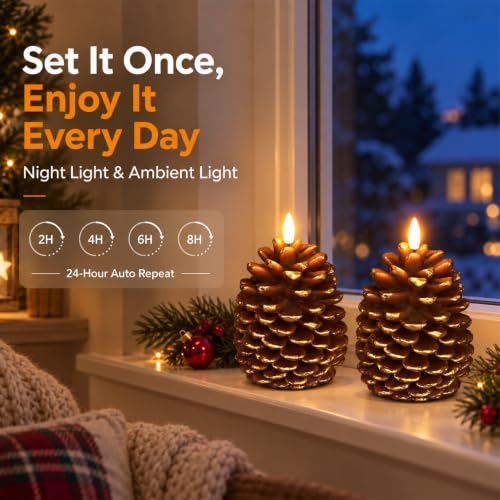 Fo32won Brown Pine Cone Flameless Candles with Remote, Real Wax, 4-inch