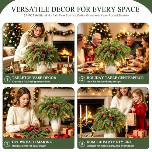 Joyido 24PCS Red & Green Christmas Cedar Branches with Pine Cones & Berries