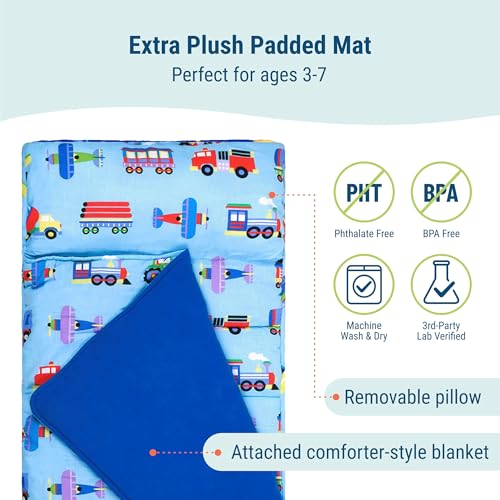 Wildkin Nap Mat with Pillow and Blanket - Trains, Planes, and Trucks Preschool Rest Mat
