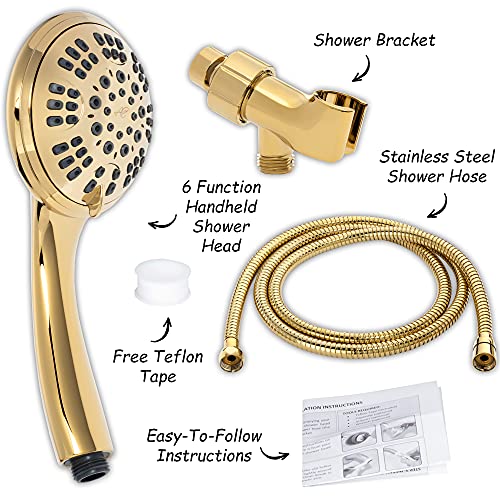 Handheld Shower Head Kit with 6 Spray Patterns - Polished Brass, 2.5 GPM