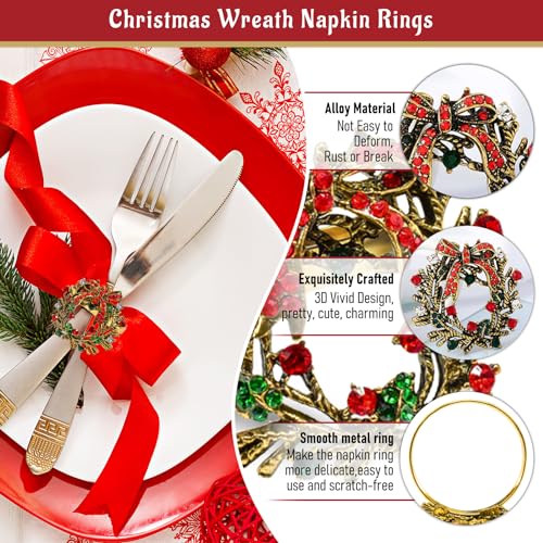 Legigo 6 Pack Christmas Wreath Napkin Rings Set - Elegant Metal Holiday Table Decor
