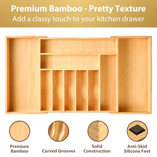 Umilife Expandable Extra Large Kitchen Silverware Drawer Organizer - Adjustable Bamboo, Fits 19-33 Inches