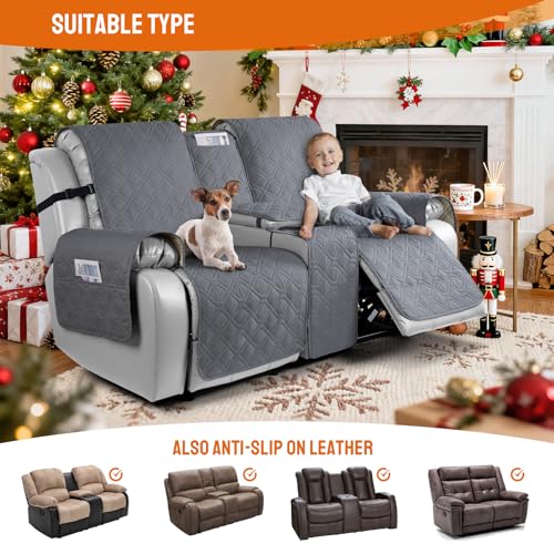 Loveseat Recliner Cover with Console Waterproof 2 Seater Dark Gray