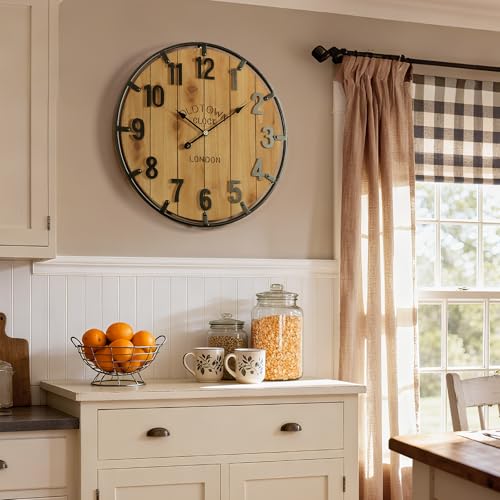 Farmhouse Wall Clock - 30 Inch Wooden & Metal Large Clock - Brown Variation