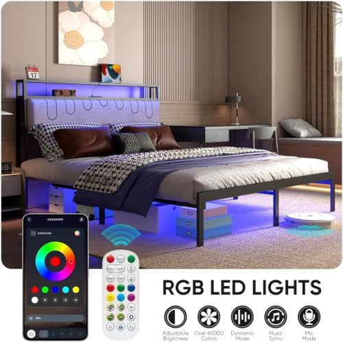J.Fkne Full Bed Frames with Charging Station and LED Lights, Size