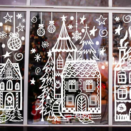 DIYDEC 15.7 * 27.5'' Large Christmas Window Stickers 4 Sheets White House Xmas Window Clings for Glass Decoration Snowman Snowflake Double-Sided Window Decals for Christmas Holiday Party Ornament