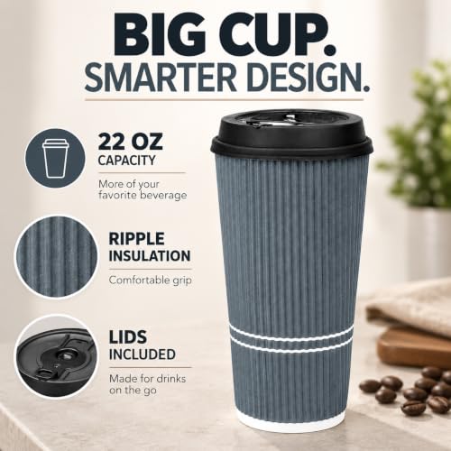 22 oz Disposable Coffee Cups with Lids - Dusk Grey 50 Pack - Hot & Cold Beverage