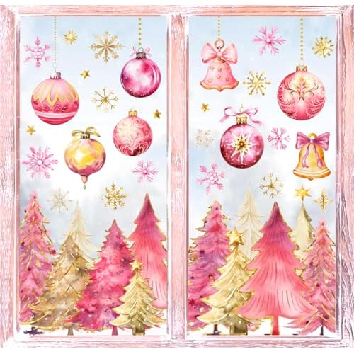 Christmas Window Clings Pink Gold Xmas Tree Ball Snowflake Window Stickers Double-Side Glass Decals for Home Party Supplies, 7.9 x 11.8 Inch, 9 Sheets