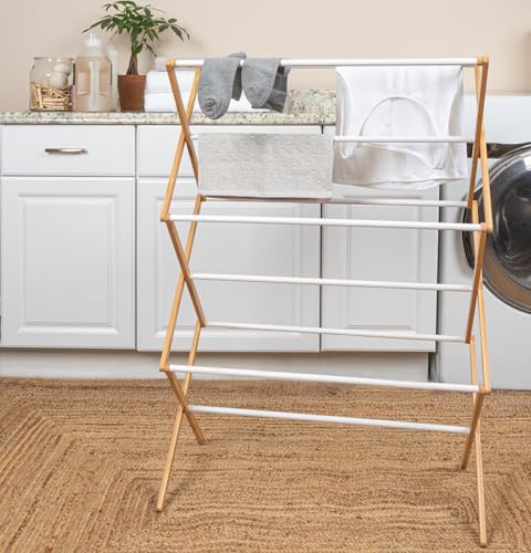 Household Essentials Bamboo Folding Clothes Drying Rack - Free Standing, White, 11 Dowels & Flat Shelf