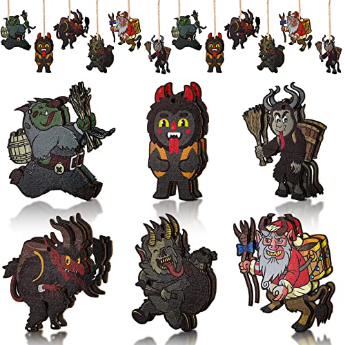 Vicenpal 12 Pack Krampus Christmas Ornaments - 6 Funny Wooden Styles, Holiday Decor (Variation: 12 / Funny Style)