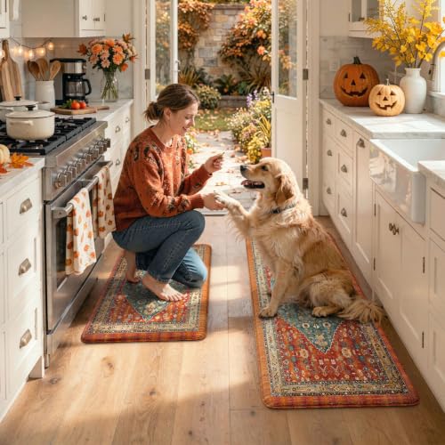 Collive Boho Kitchen Rug Set of 2 Fall Waterproof Floor Mats - Terracotta Rust & Teal, 17.3x47 & 17.3x29 inches