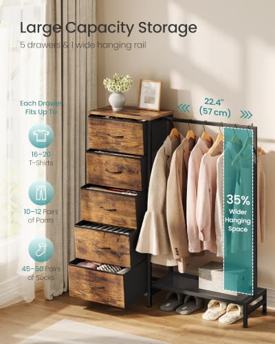 SONGMICS Rustic Brown Dresser with Hanging Rod, 5 Fabric Drawers, Bottom Shelf - 3-in-1 Closet Organizer