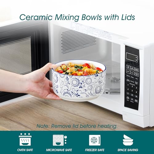 Ceramic Nesting Bowls Set with Lids - 4 Sizes, Food Storage & Prep, Microwave & Dishwasher Safe - Series SELENE 60+36+20+10 Oz