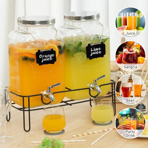 Moretoes 2 Pack 2 Gallon Glass Drink Dispensers with Stand & Spout - Party Beverage Set