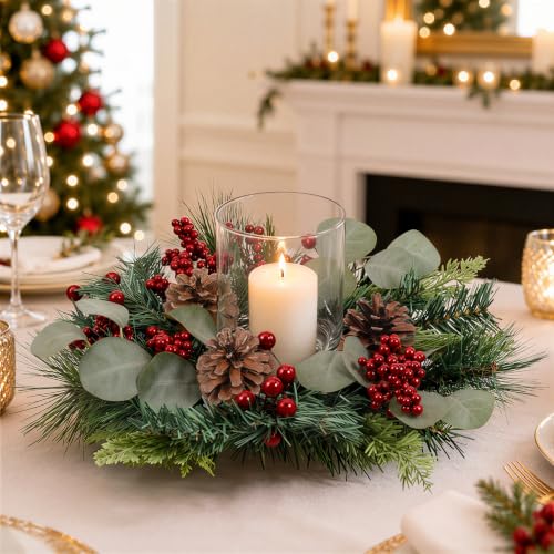 Lewondr 18-Inch Christmas Wreath Candle Holder with Glass Cup and Red Berries, Green & Red