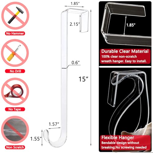 Clear 15in Wreath Hanger Hooks 2 Pack - Non Scratch Over-the-Door Front Door Decor