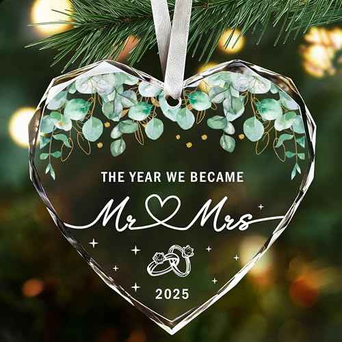 Mr and Mrs Glass Ornament-Wedding Gifts for Couples, Bridal Shower Present for Bride, 1st Married Heart Shape Ornament
