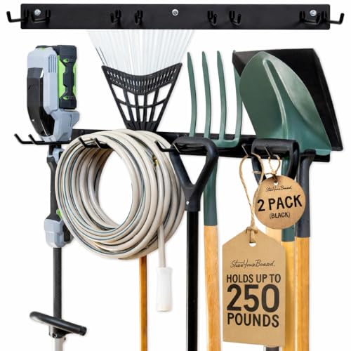 Heavy Duty Steel Garage Tool Organizer Set - 72 Inch Wall Rack with 8 Hooks - Supports 500 lb - Black