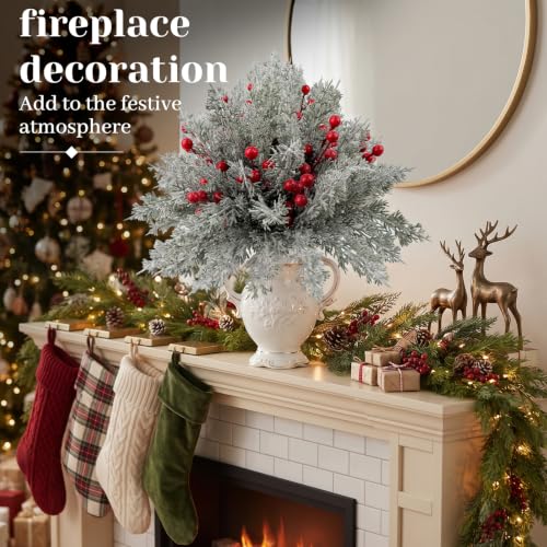 Snowy Green & Red Christmas Pine Branches with Berries - 60 Pcs Artificial Snow-Flocked Decor