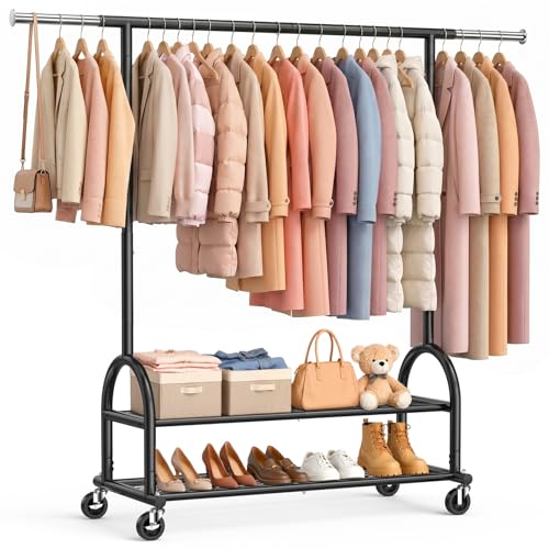 Heavy Duty Clothes Rack with 2 Shelves - Black, Adjustable & Mobile