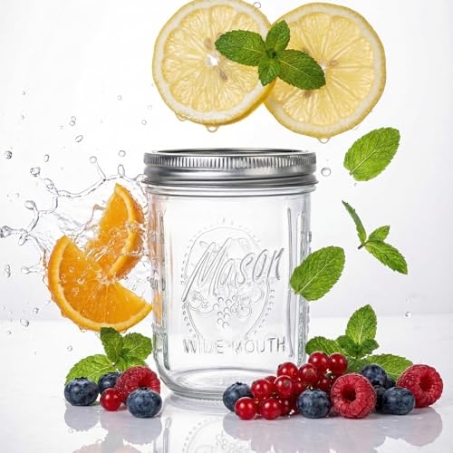 WELLIFE Clear 16oz Mason Jars 12 Pack with Lids - Wide Mouth Food Storage & Canning Containers