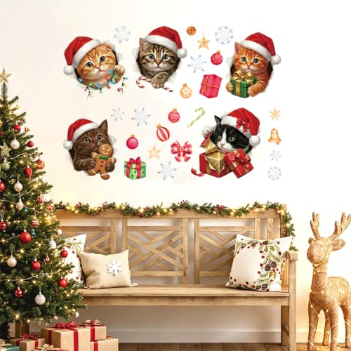 Meowy Christmas Cat Xmas Hat Kitten Wall Decal - 3D Holiday Decor for Kids & Pet Lovers