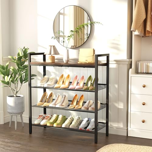 Brown 4-Tier Shoe Rack for Entryway | Durable Metal & Wood Storage