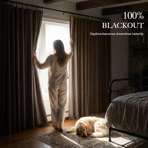 RYB HOME Brown Blackout Curtains 52 x 96 Inches, Pack of 2, Linen-Textured, Thermal Insulated for Living & Dining Rooms
