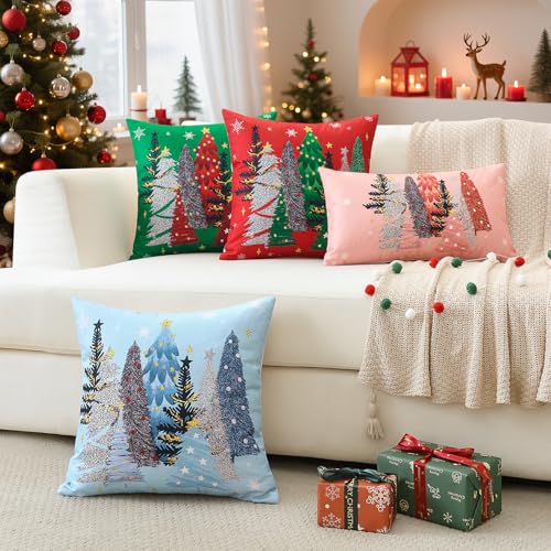 OTOSTAR Pink 20x20 Inch Christmas Pillow Cover - Tree & Snowflake Holiday Cushion Case