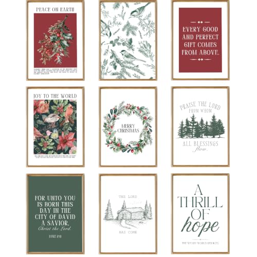 Beayum 9Pcs Vintage Christmas Wall Art 12x16 – Green & Red Bible Verses Unframed Prints