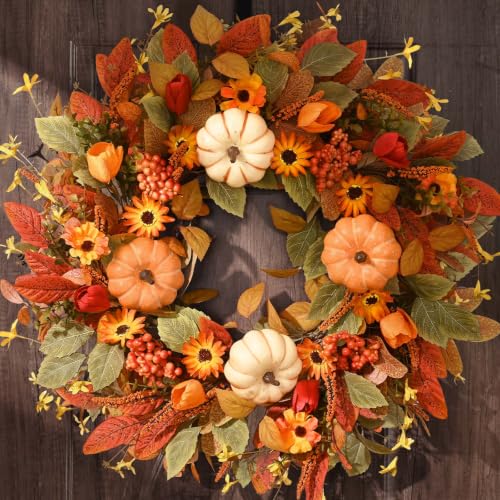 Fall Wreath for Front Door 26 Inch - Autumn Decorations for Home - Orange
