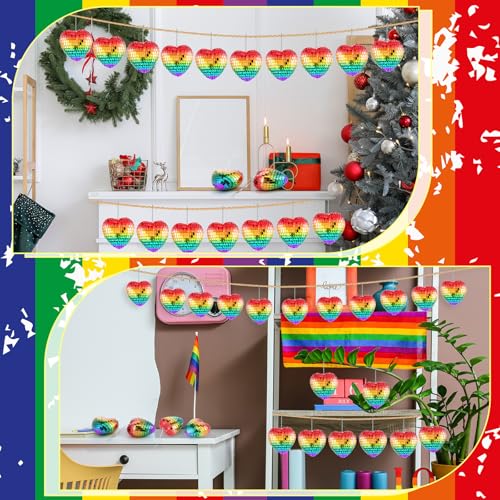 Vercraft 24 pcs Rainbow Heart Pride Disco Christmas Ornaments with Lanyards - Gay Pride Decorations