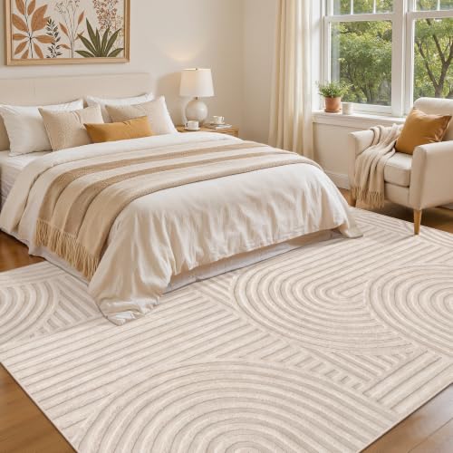 Ciicool 5' x 7' Beige Rainbow Textured Washable High-Low Plush Area Rug