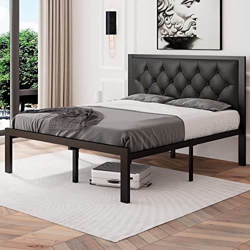 Full Size Metal Bed Frame with Faux Leather Button Tufted Headboard - Black, 12-Inch Storage