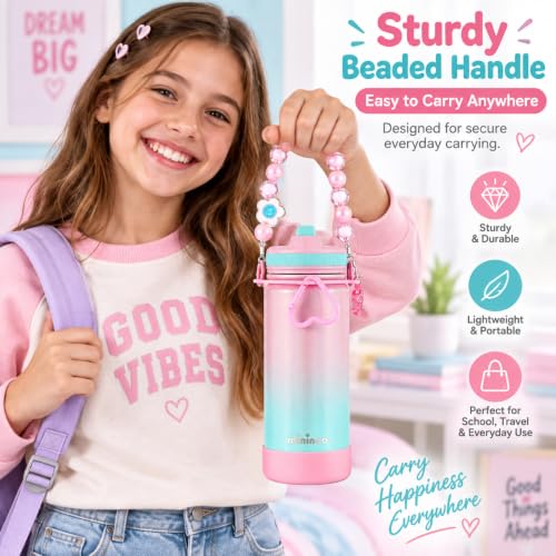 Kids Water Bottle with Beaded Handle - Sparkle Guava, 16 oz Insulated Stainless Steel with Leakproof Straw Lid