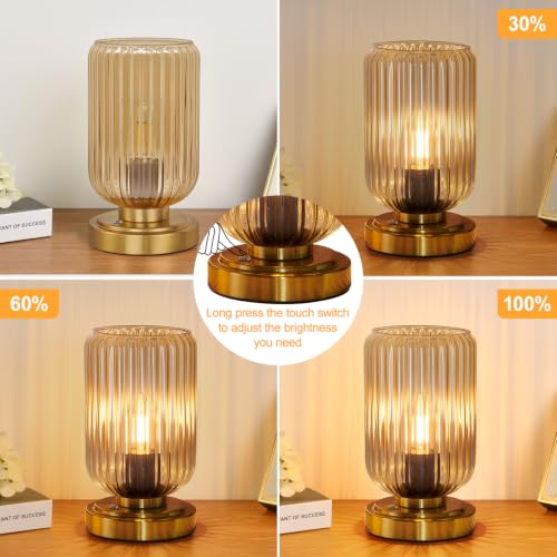 LightRound Cordless Dimmable Table Lamp with Amber Glass Shade & Gold Base - Touch Control, 7500mAh Battery, Modern Bedroom Nightstand Light