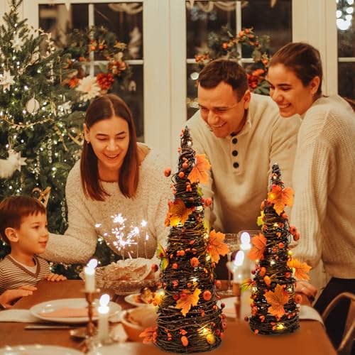 Lighted Fall Tabletop Trees with Pumpkins and Berries - Rustic Thanksgiving Decor - Orange, Yellow, Brown