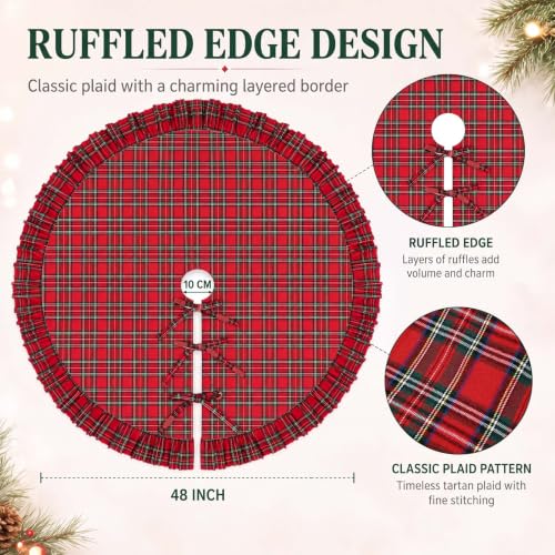 Relaxgiant 48 Inch Plaid Christmas Tree Skirt with Ruffle - Red Green