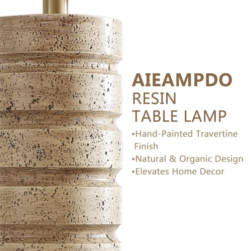 AIEAMPDO 26-Inch Set of 2 Travertine Resin Table Lamps with Brass Bases - Warm Beige