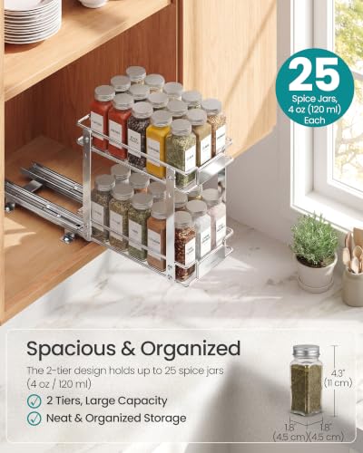 SONGMICS Silver 2-Tier Pull-Out Spice Rack Organizer - Thick Steel, Adjustable