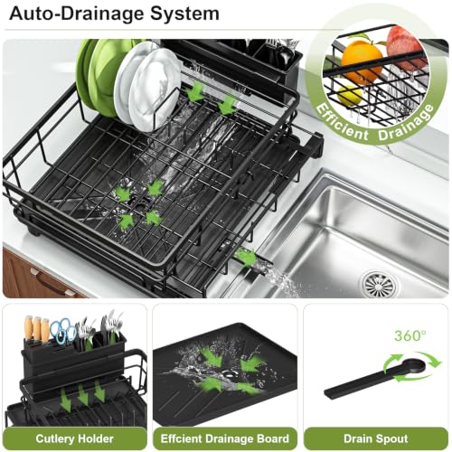 Extendable Dish Drying Rack - Large Capacity Kitchen Organizer, Black