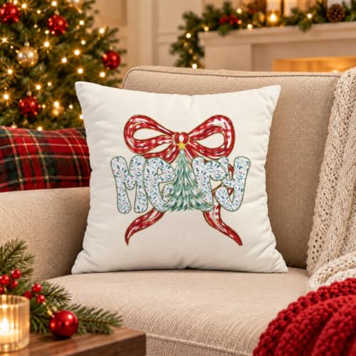 Christmas Bow Pillow Cover 18x18 Inch, Red Ribbon Tree Throw Pillow,